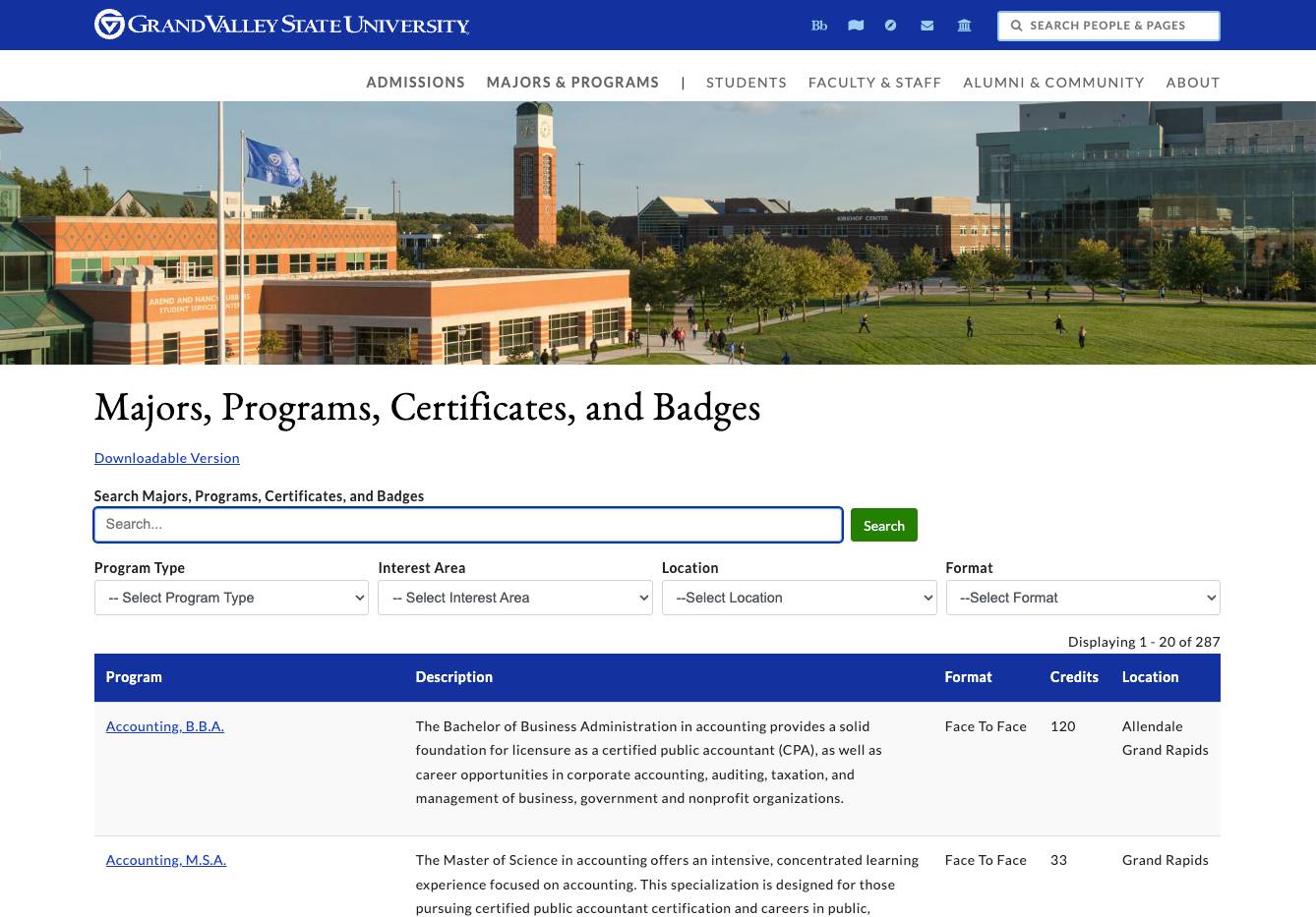 Grand Vallley's academic program website.